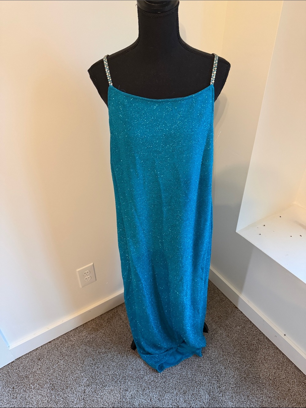 Sparkling Teal Gown with Rhinestone Straps